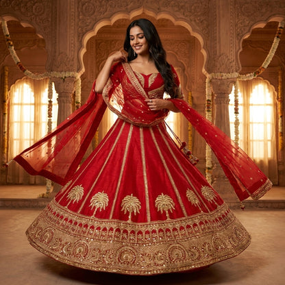 Red and gold palm motif bridal lehenga set in a twirl, net dupatta flying