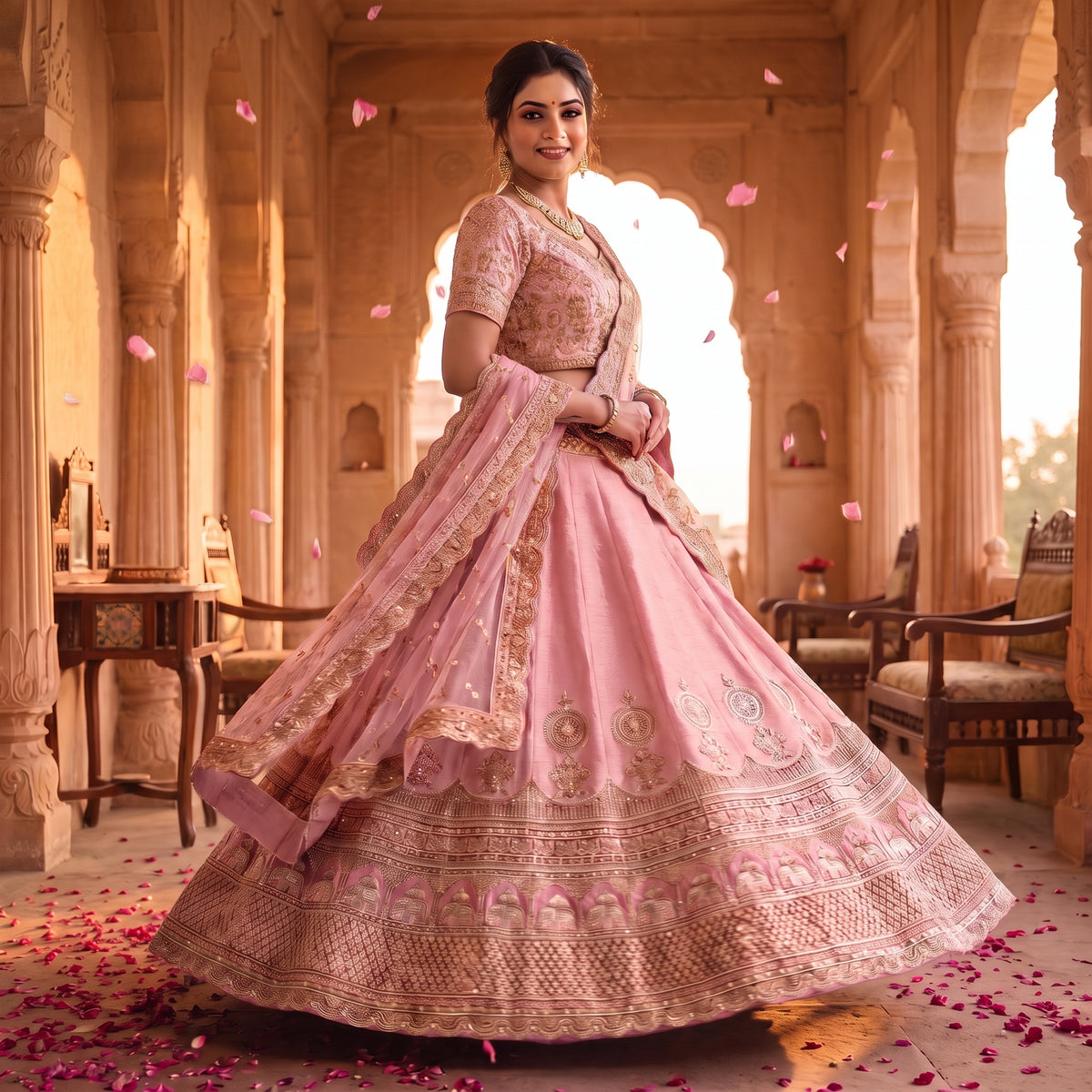 Blush pink and rose gold bridal lehenga set in a twirl with embroidered dupatta